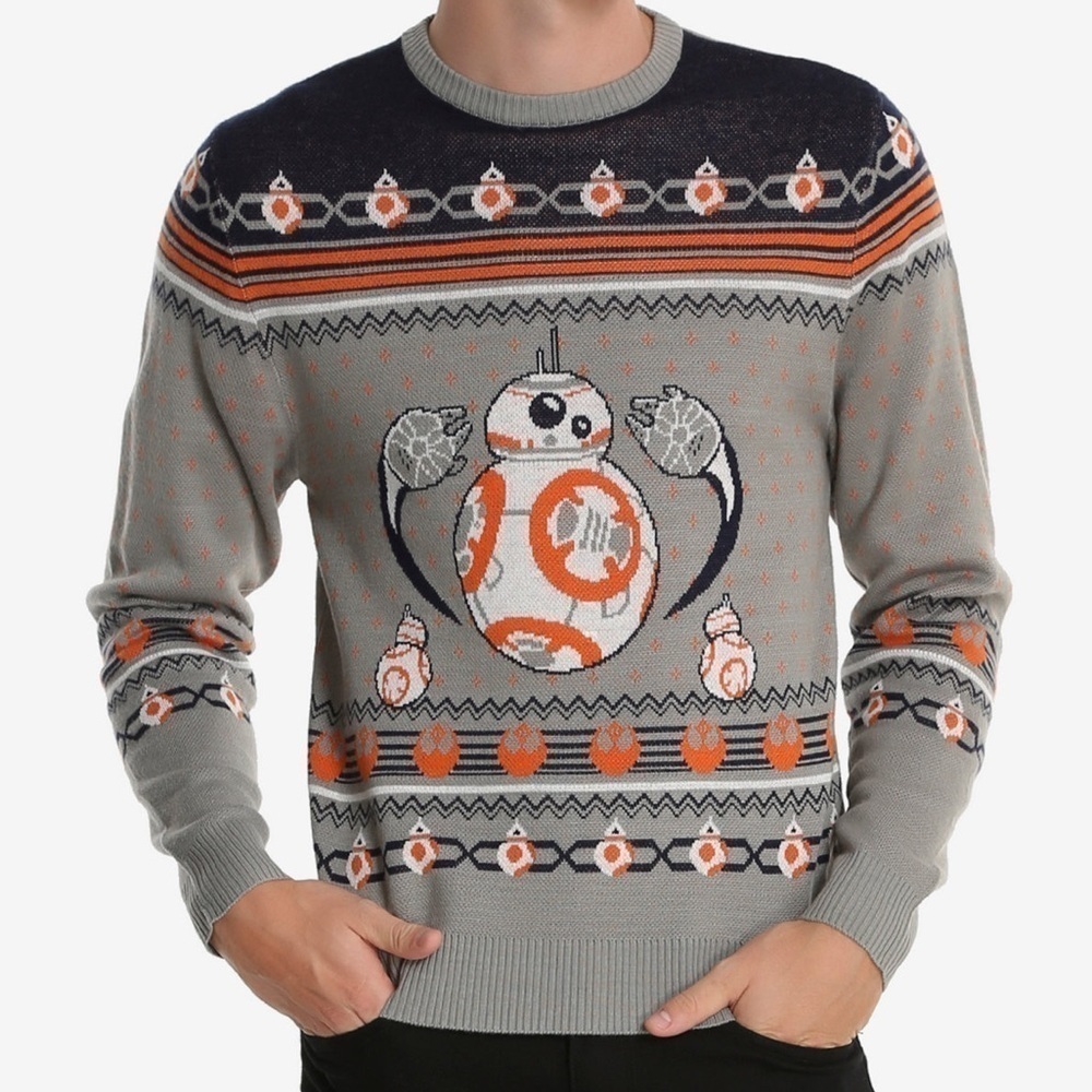 STAR WARS Fair Isle Knit BB-8 Millennium Falcon Rebel Holiday Sweater Grey Sz S